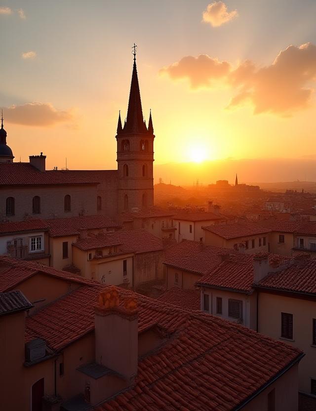 Golden sunset over the rooftops of a historic European city