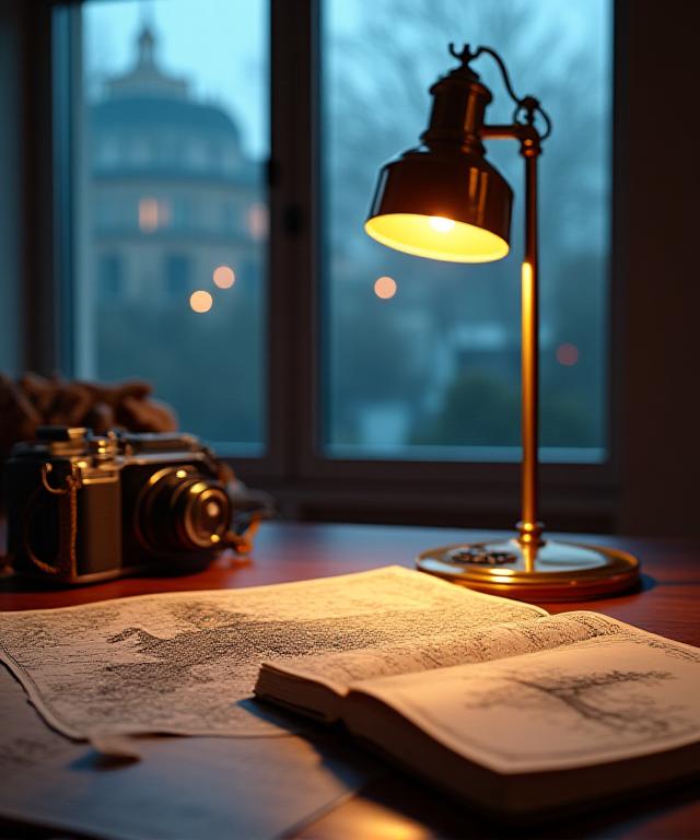 Modern travel planning studio with maps and warm lighting