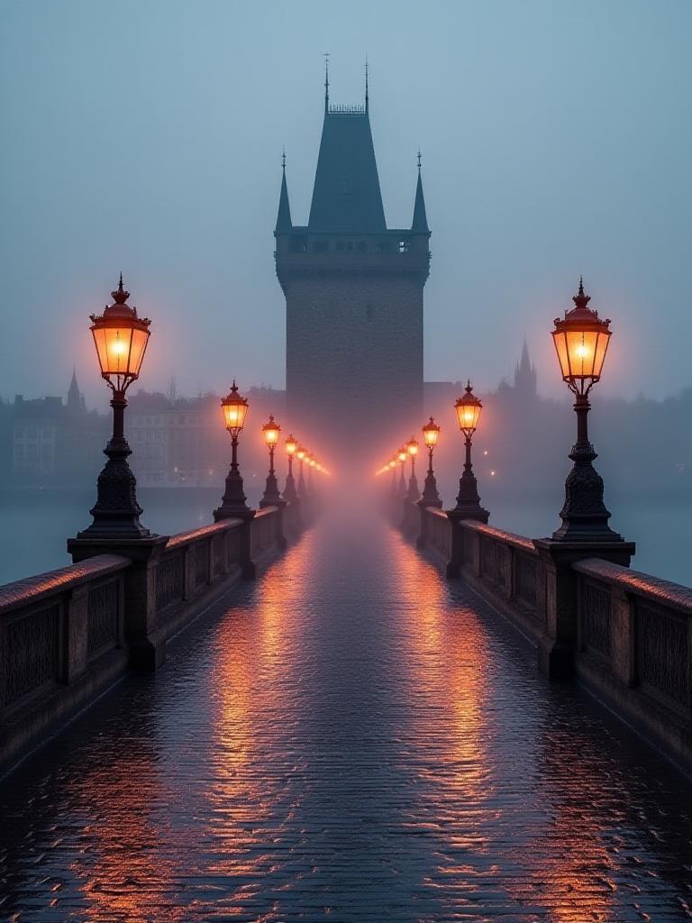 The Charles Bridge in Prague at dusk